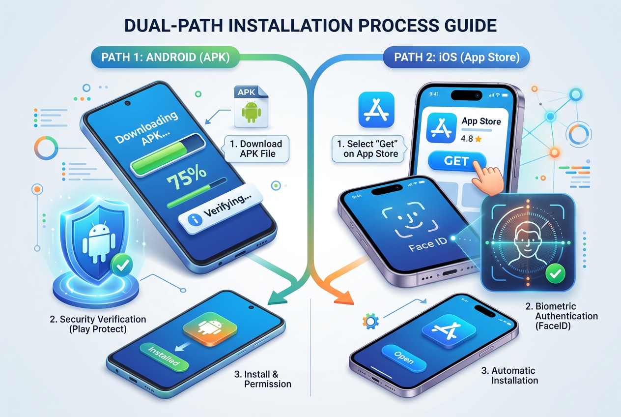 Infografika przedstawiająca proces instalacji aplikacji kasynowej na systemach Android oraz iOS.