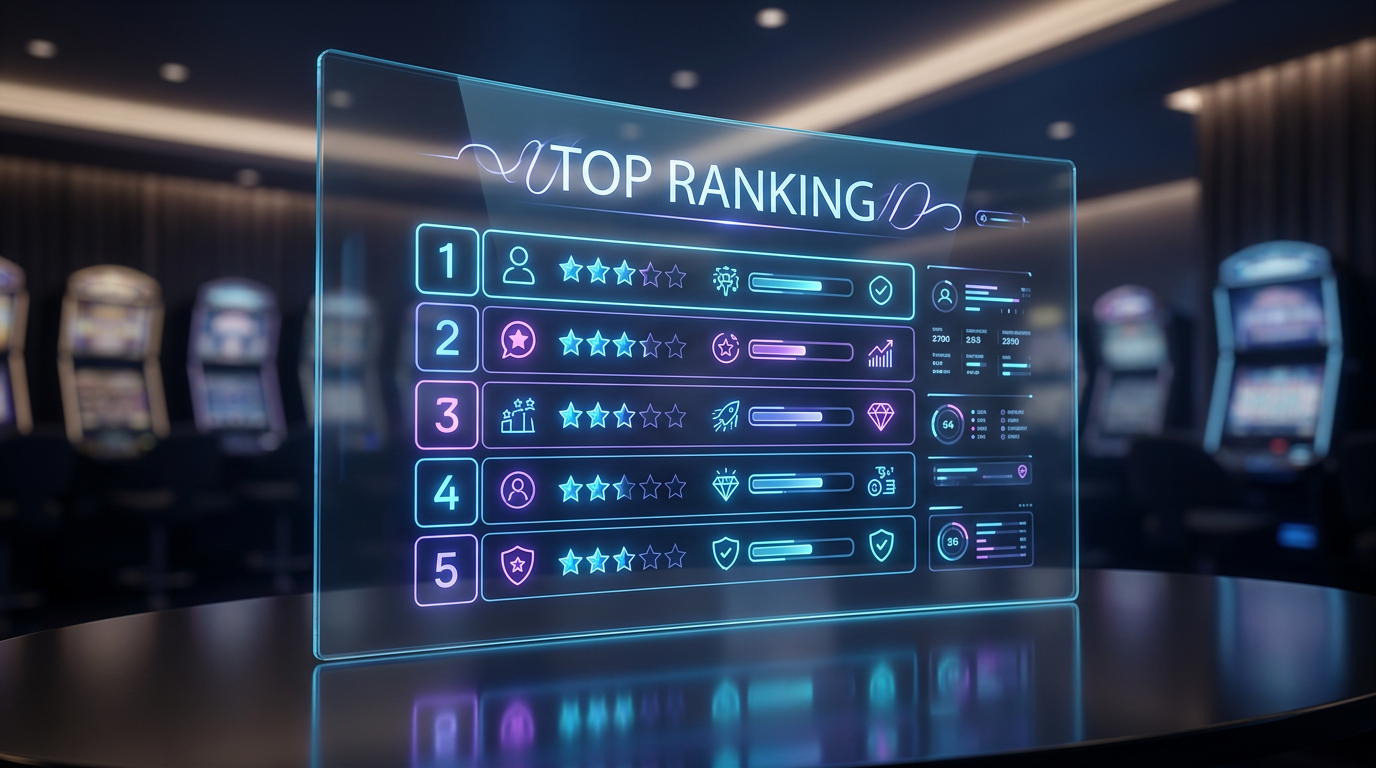 Futurystyczny interfejs z rankingiem nowych kasyn online 2026